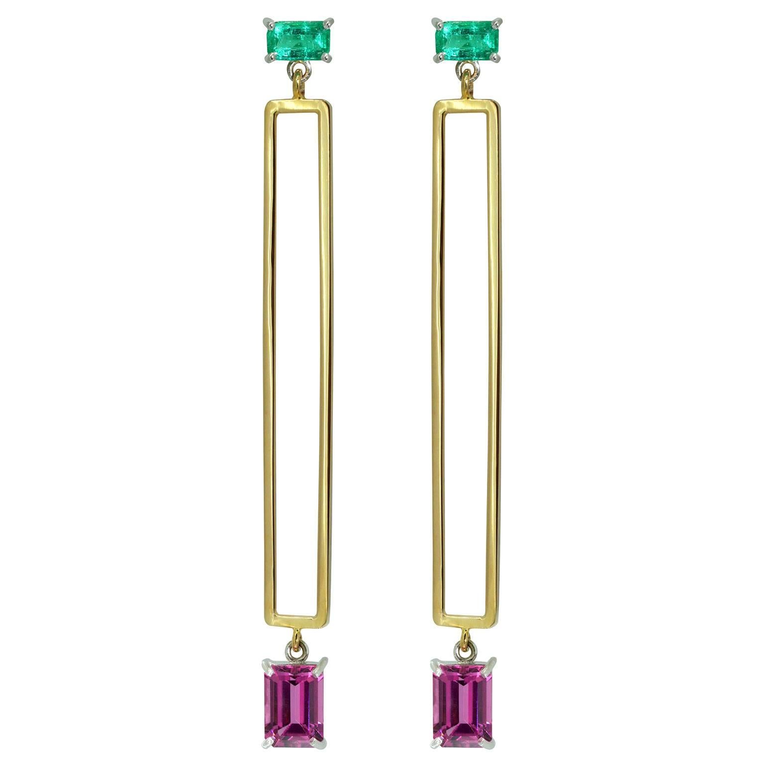 Lizunova Emerald and Pink Spinel Drop Earrings