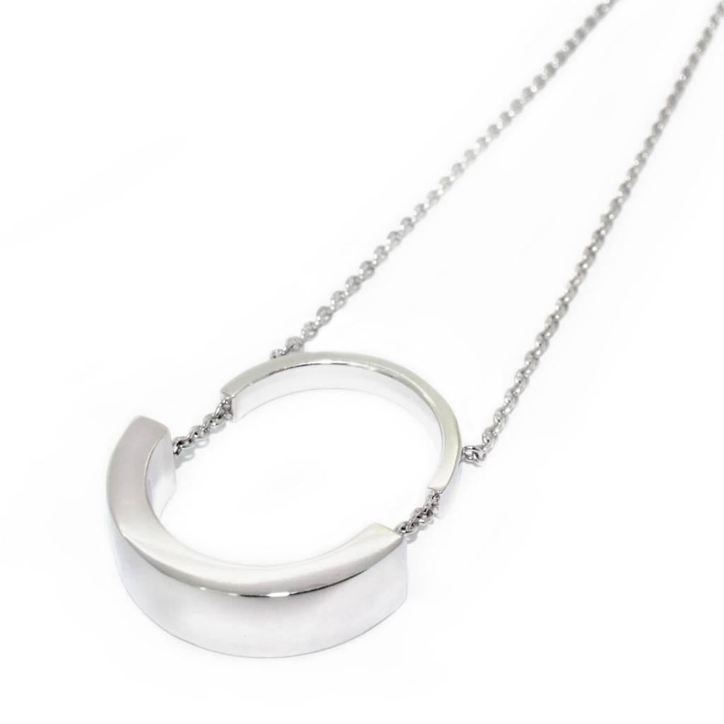 Titled Full Moon, this beautiful long necklace is handcrafted in our Sydney workshop in solid 9 karat white gold, and comes on a long, 9k white gold chain.

The design of this sleek necklace was inspired by phases of the Moon and images of it rising
