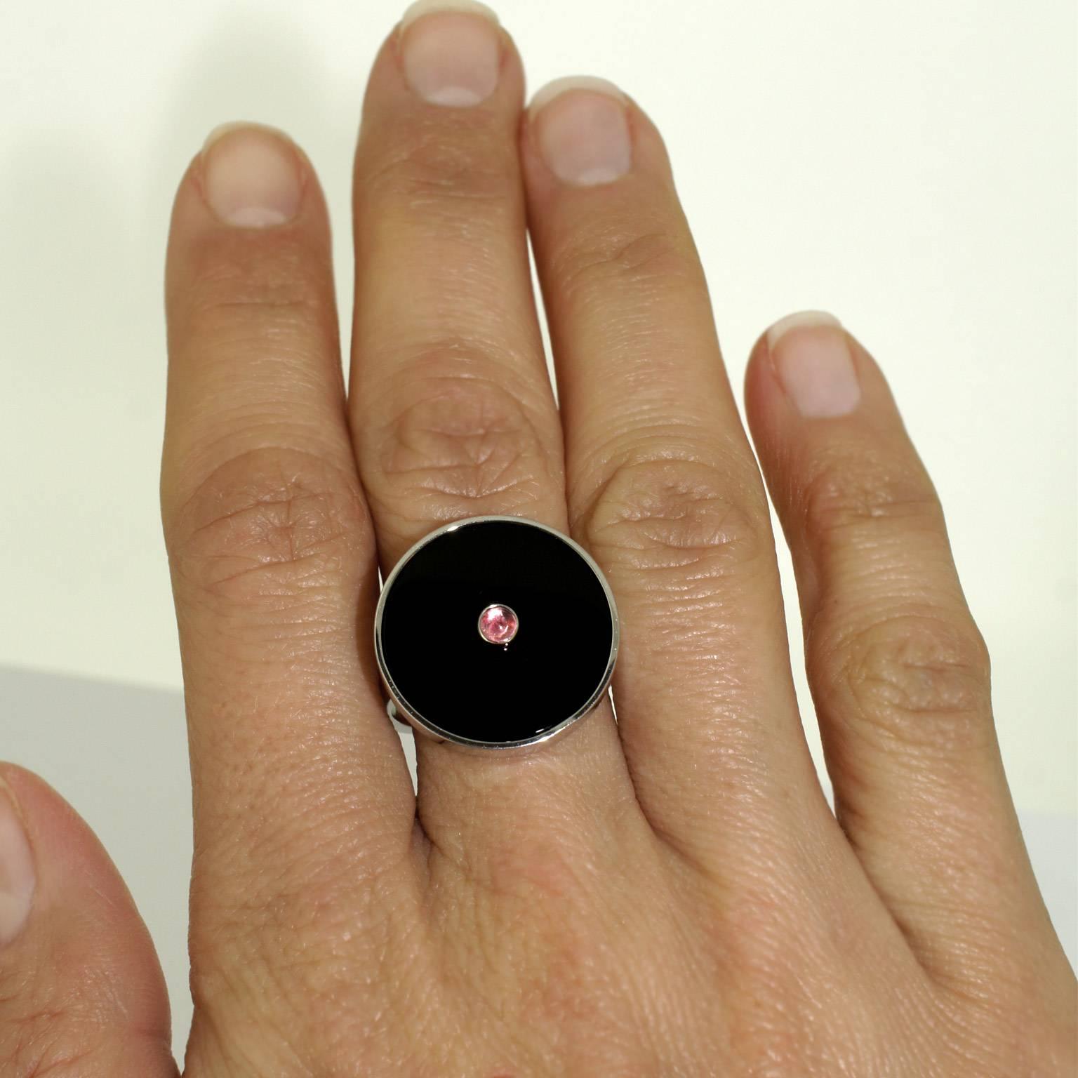 Lizunova Onyx and Pink Tourmaline White Gold Ring In New Condition For Sale In Sydney, NSW