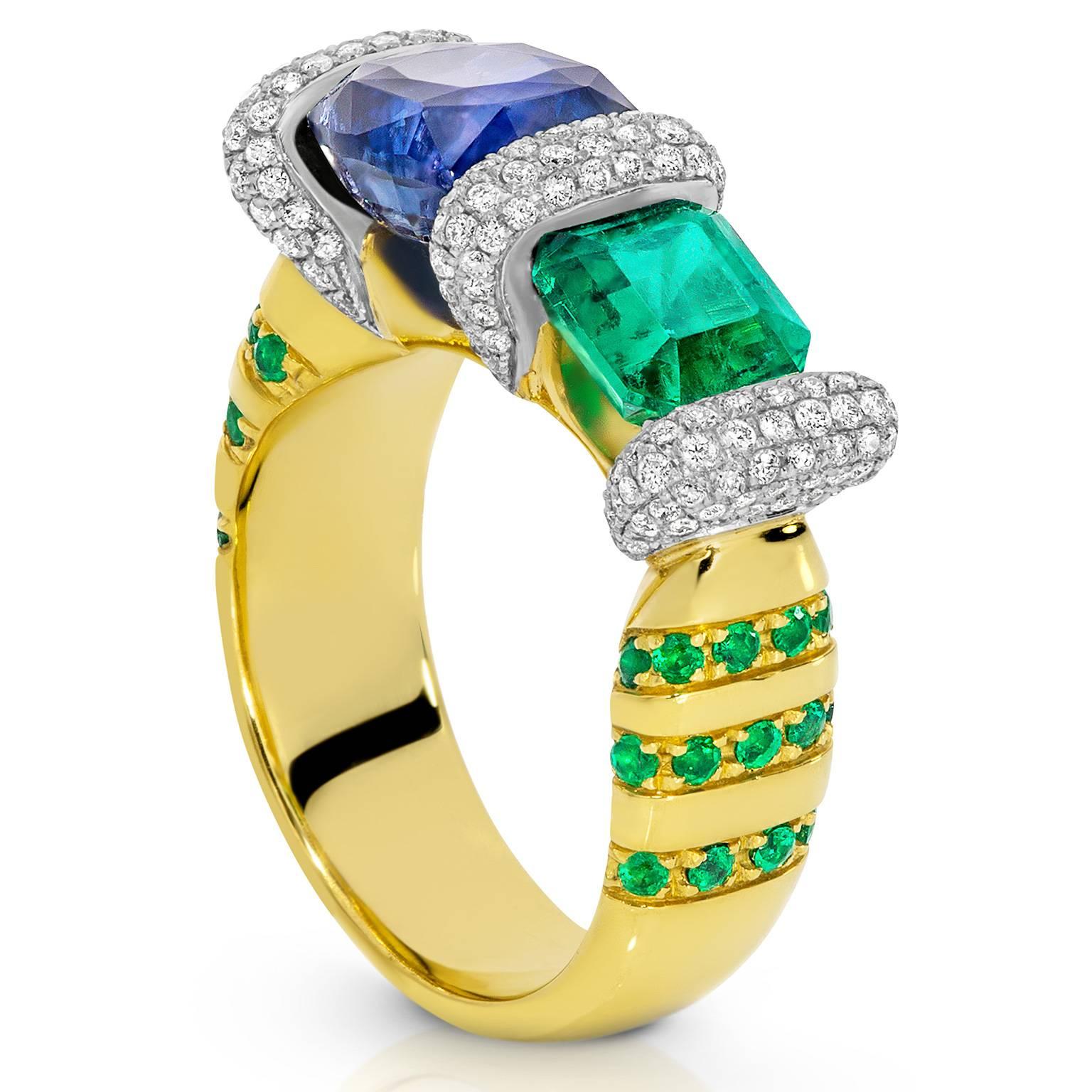 This spectacular ring by Lizunova is handmade in Sydney in 18 karat yellow gold and 18 karat white gold, and is set with a 4ct cushion cut Ceylon sapphire and a 1.5ct Colombian emerald. Intricate diamond pave consisting of over 100 diamonds offsets