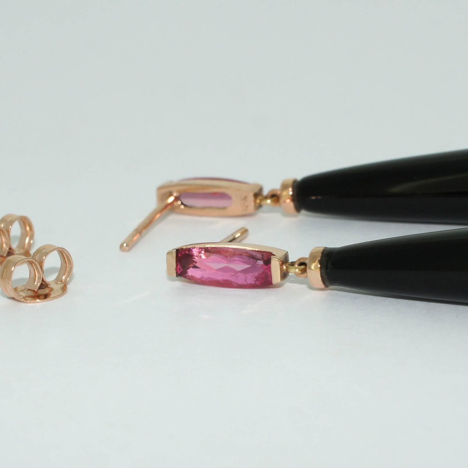 Women's Lizunova Onyx and Pink Spinel Rose Gold Drop Earrings