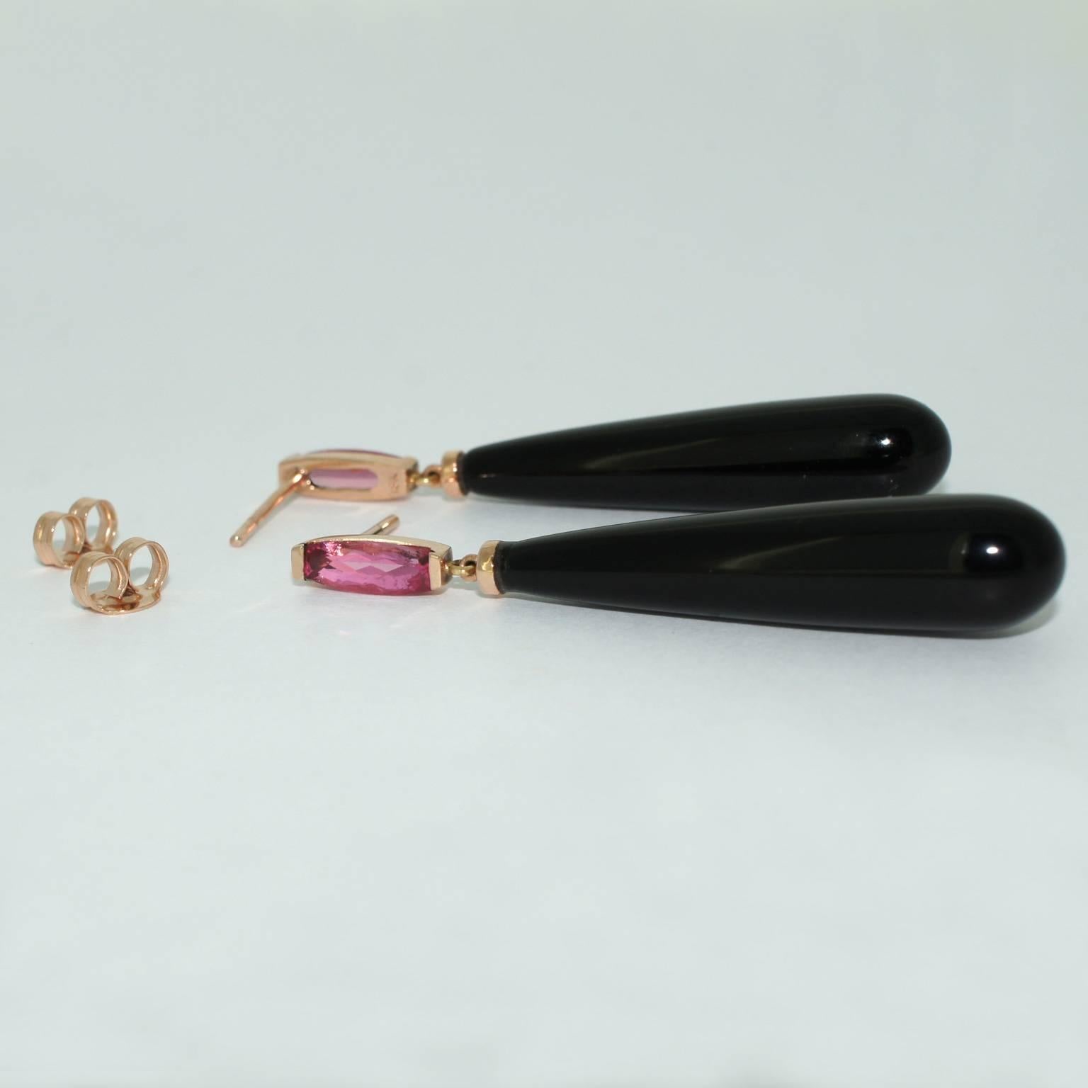 Lizunova Onyx and Pink Spinel Rose Gold Drop Earrings 1