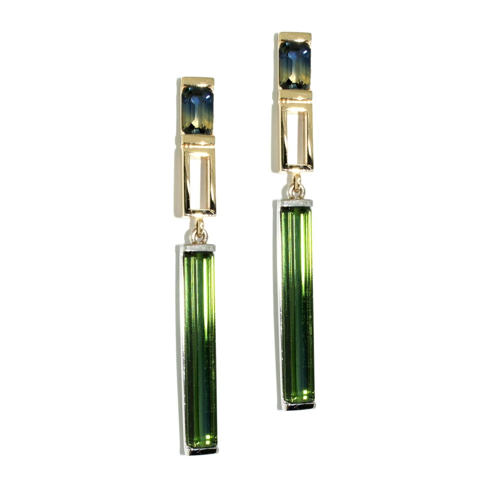 Contemporary Lizunova Parti Sapphire & Green Tourmaline Drop Earrings in 18k gold For Sale