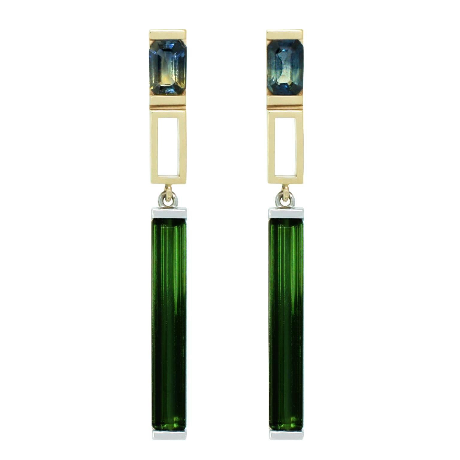 Lizunova Parti Sapphire & Green Tourmaline Drop Earrings in 18k gold For Sale