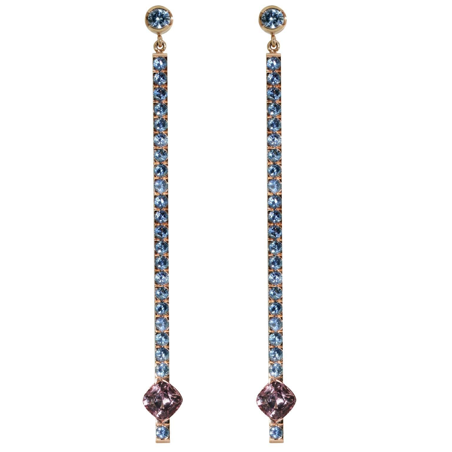 Lizunova Blue Sapphire & Malaya Garnet 18k Rose Gold Drop Earrings For Sale