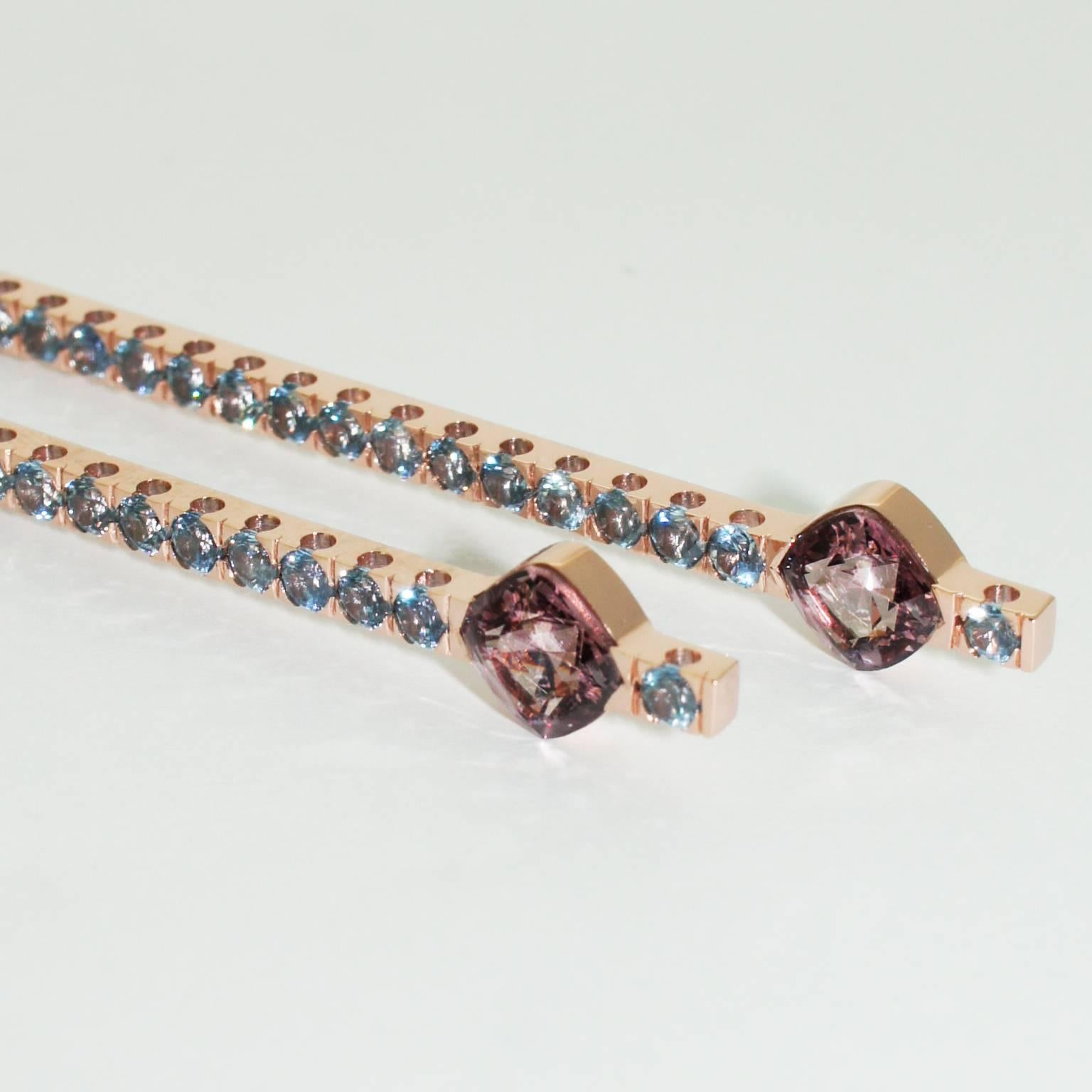 Contemporary Lizunova Blue Sapphire & Malaya Garnet 18k Rose Gold Drop Earrings For Sale