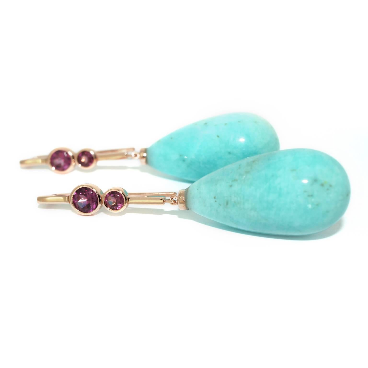 Contemporary Lizunova Amazonite and Pink Garnet Drop Earrings