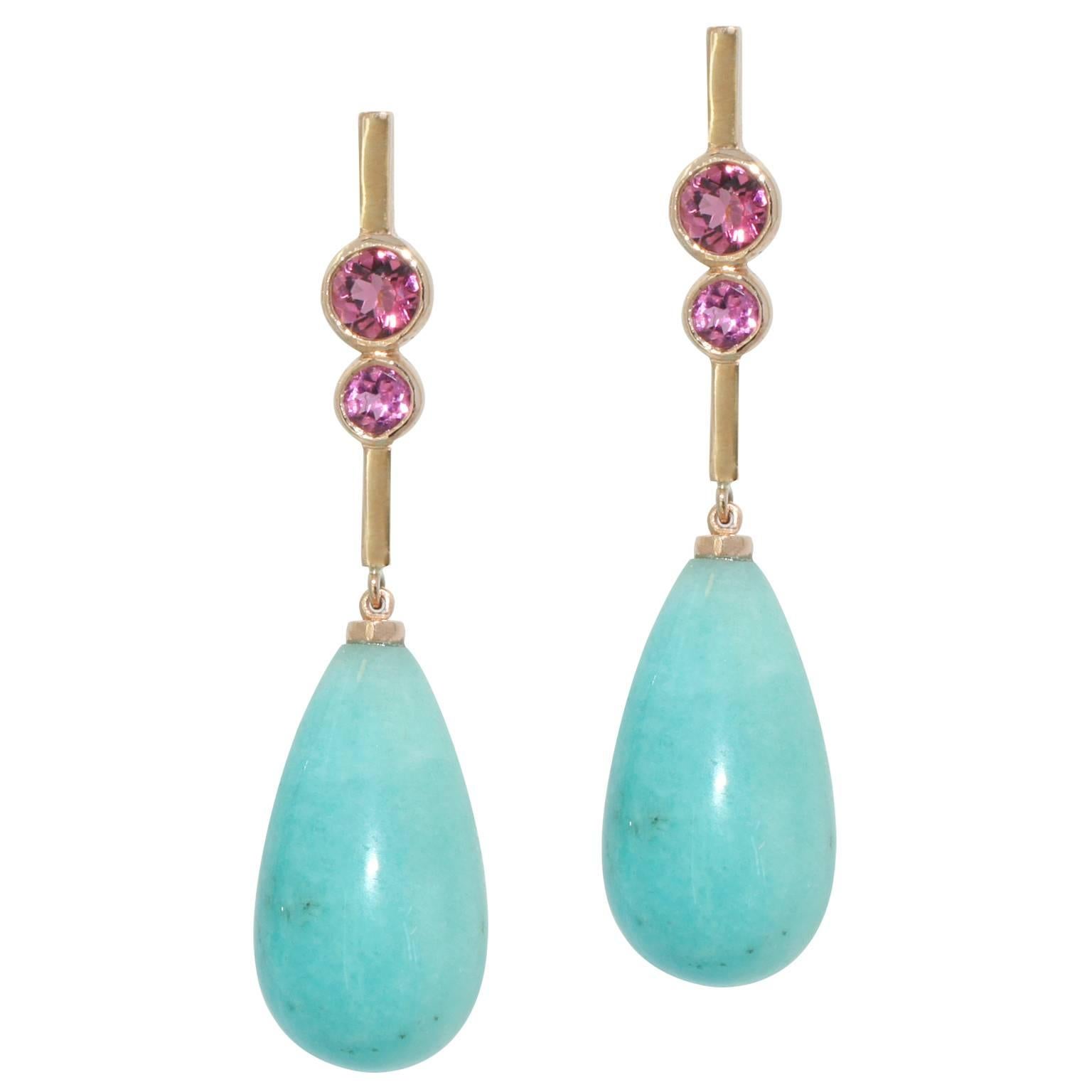 Lizunova Amazonite and Pink Garnet Drop Earrings