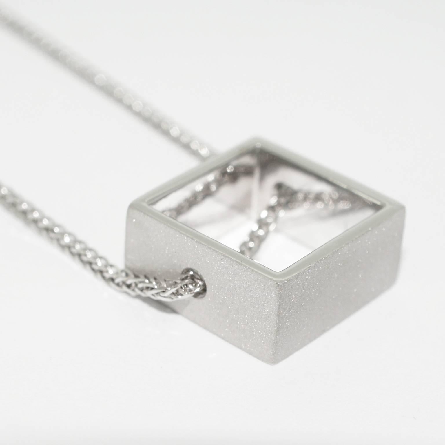 Contemporary Lizunova White Gold Geometric Square Pendant Necklace