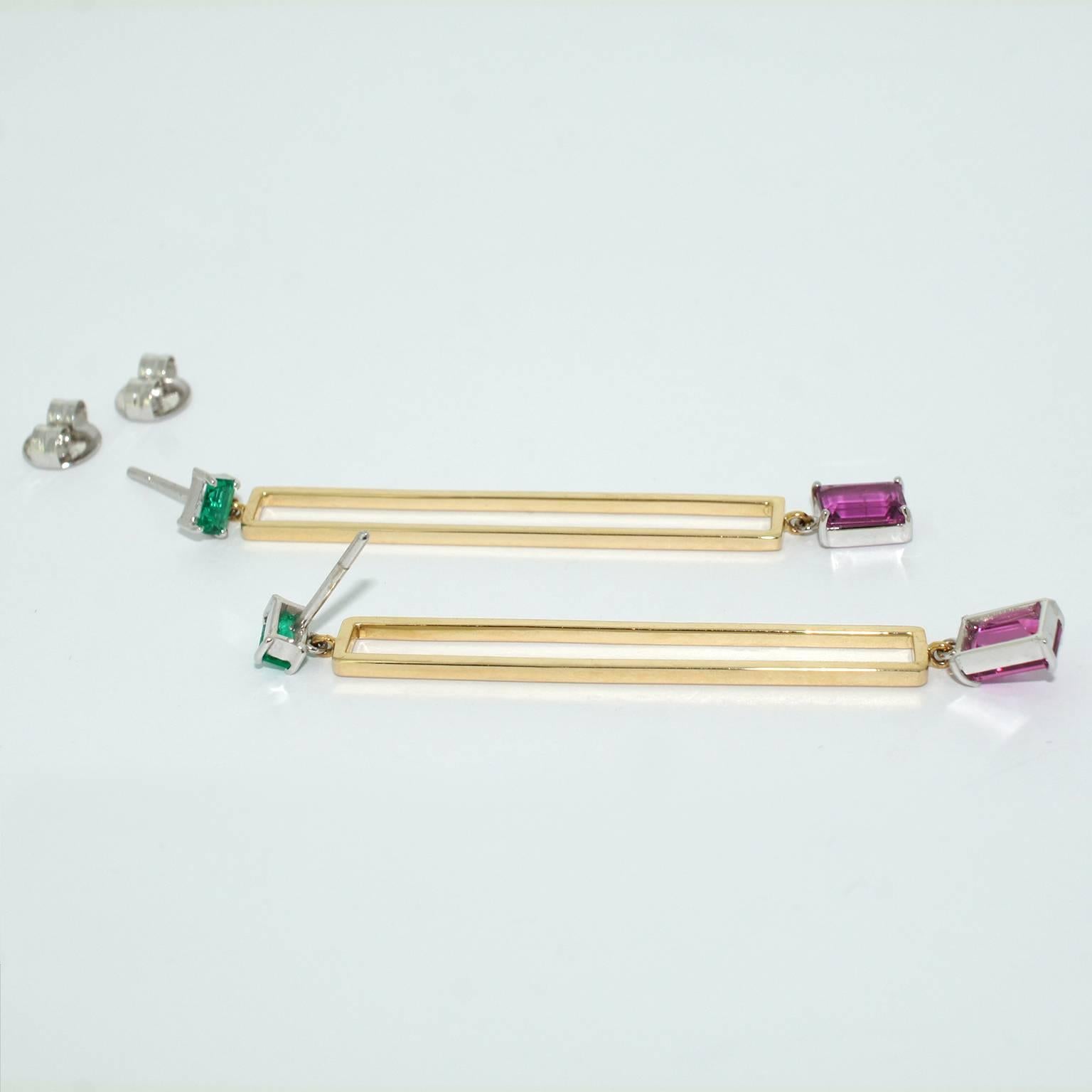 Contemporary Lizunova Colombian Emerald and Pink Spinel Drop Earrings For Sale