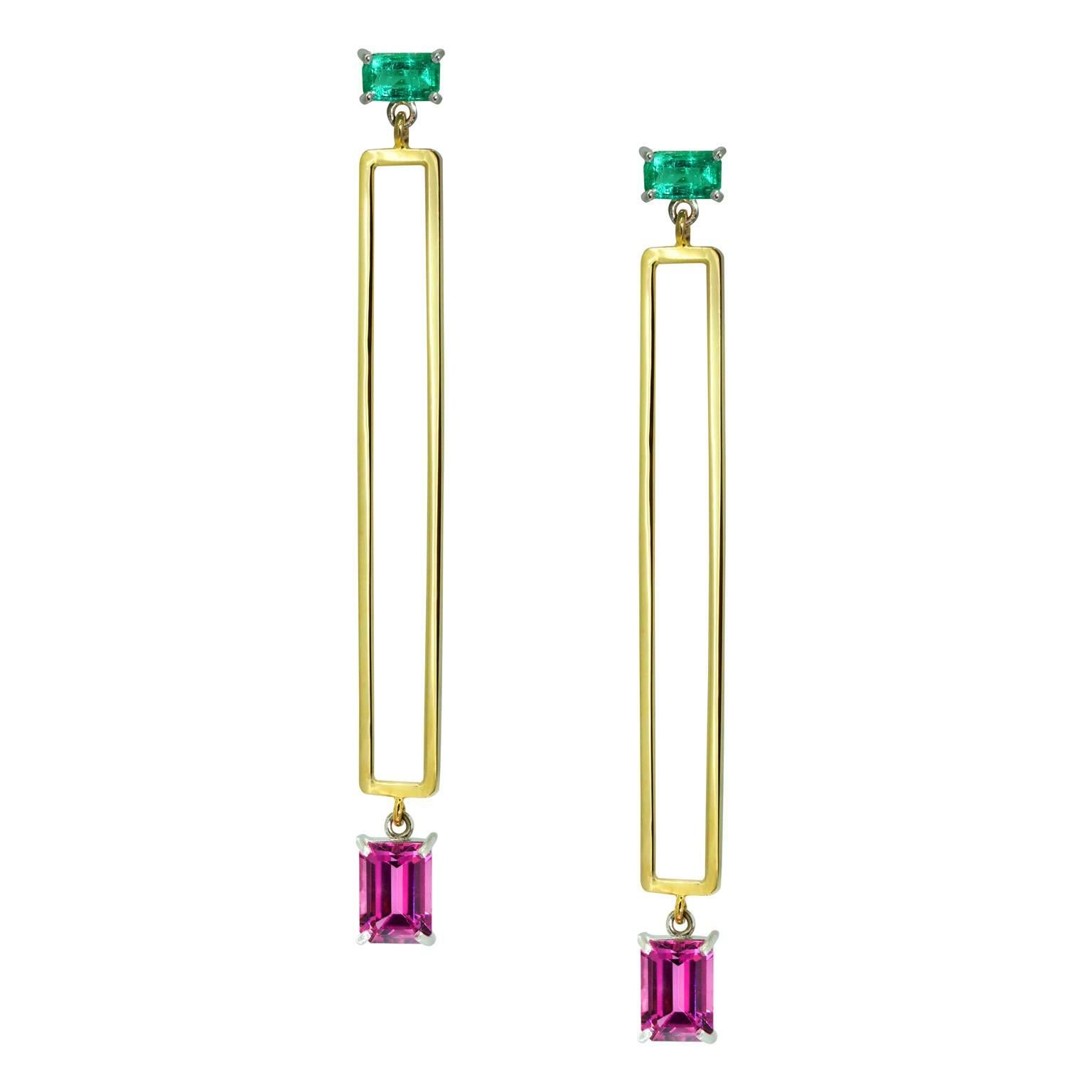 Lizunova Colombian Emerald and Pink Spinel Drop Earrings For Sale