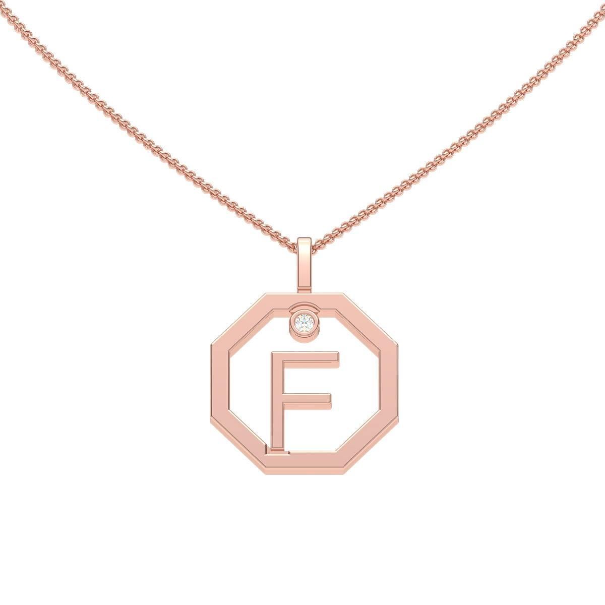 Lizunova Initial F Diamond Pendant in 18 Karat Rose Gold For Sale