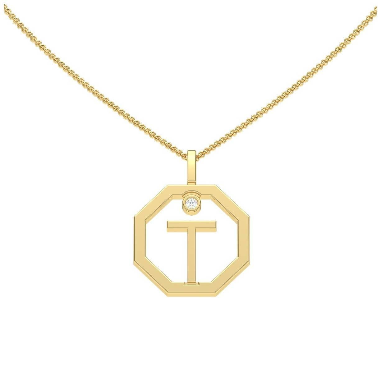 Contemporary Lizunova Initial T Diamond Pendant in 18 Karat Rose Gold For Sale