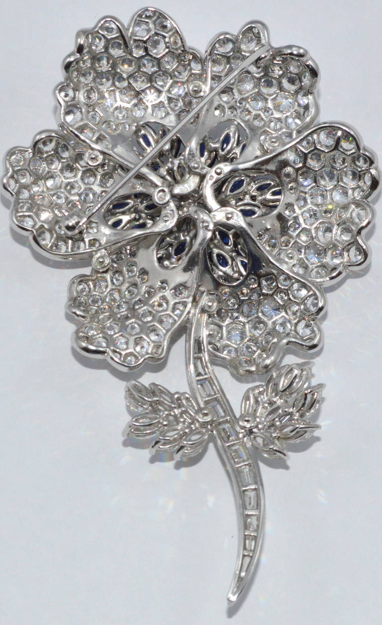 Magnificent French Diamond Sapphire Flower Pin In Excellent Condition For Sale In Blowing Rock, NC