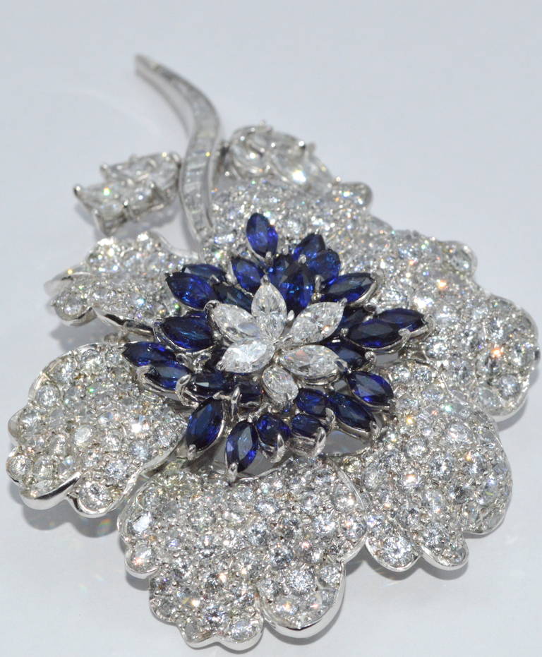 Women's Magnificent French Diamond Sapphire Flower Pin For Sale