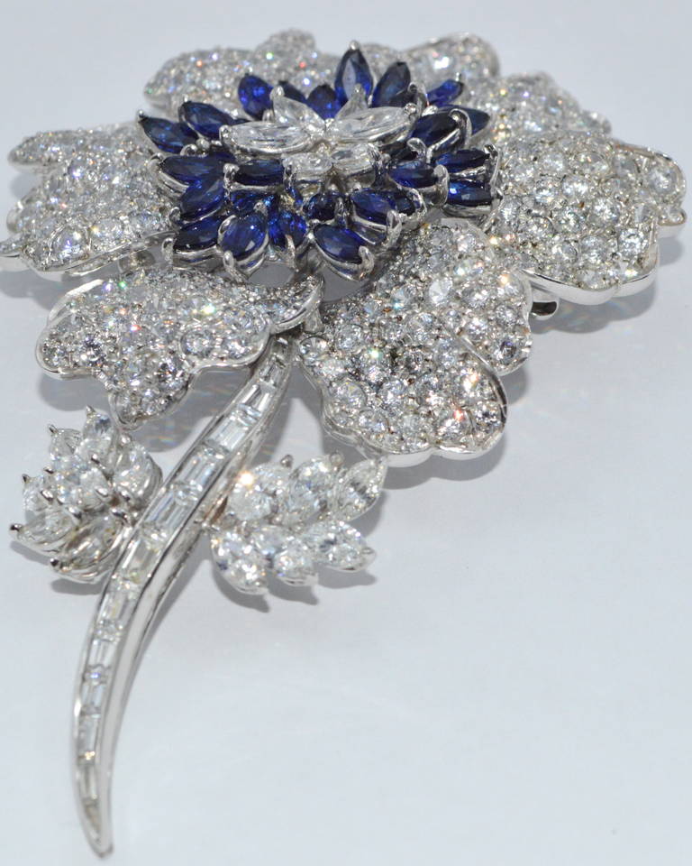 Magnificent French Diamond Sapphire Flower Pin For Sale 1
