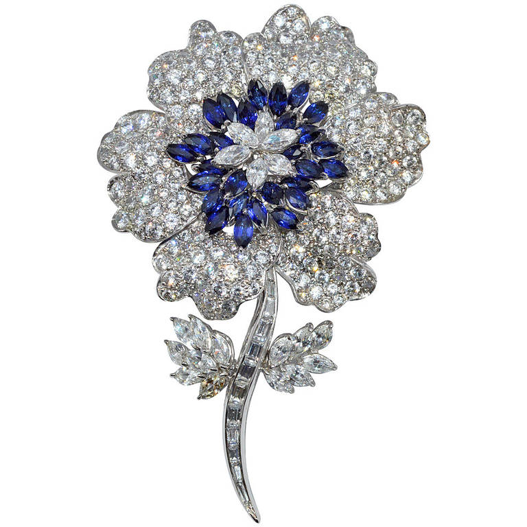 Magnificent French Diamond Sapphire Flower Pin For Sale