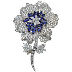 Magnificent French Diamond Sapphire Flower Pin