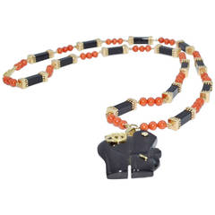 Coral Onyx Gold Elephant Necklace