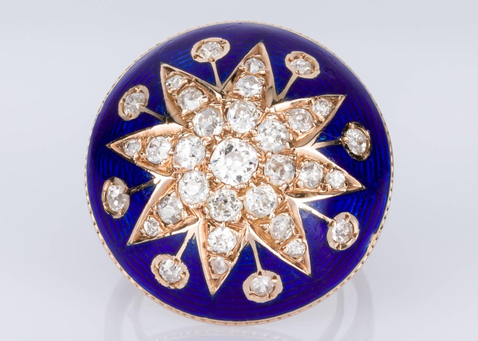 Amazing! This original Victorian star motif ring is an absolute stand-out! A vivid blue enamel ring and this blue is very hard to achieve in enamelling, set with 33 old European cut diamonds weighing approximately 1.20cts in 14k rose gold. So much