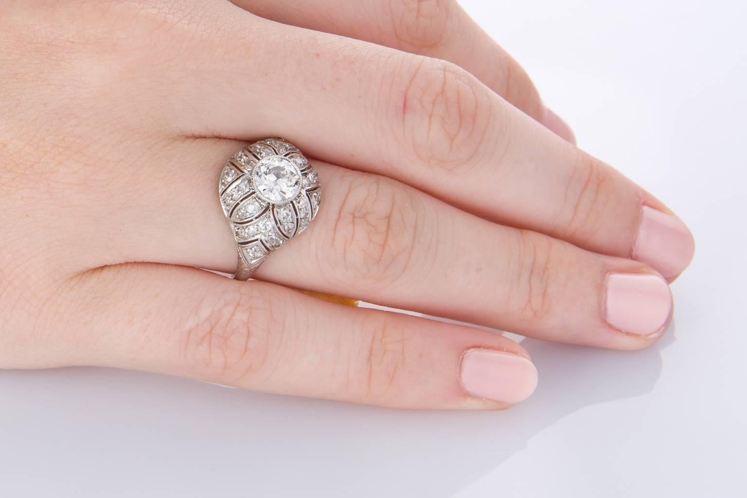 1.49 Carat Diamond Edwardian Filigree Platinum Ring For Sale 1