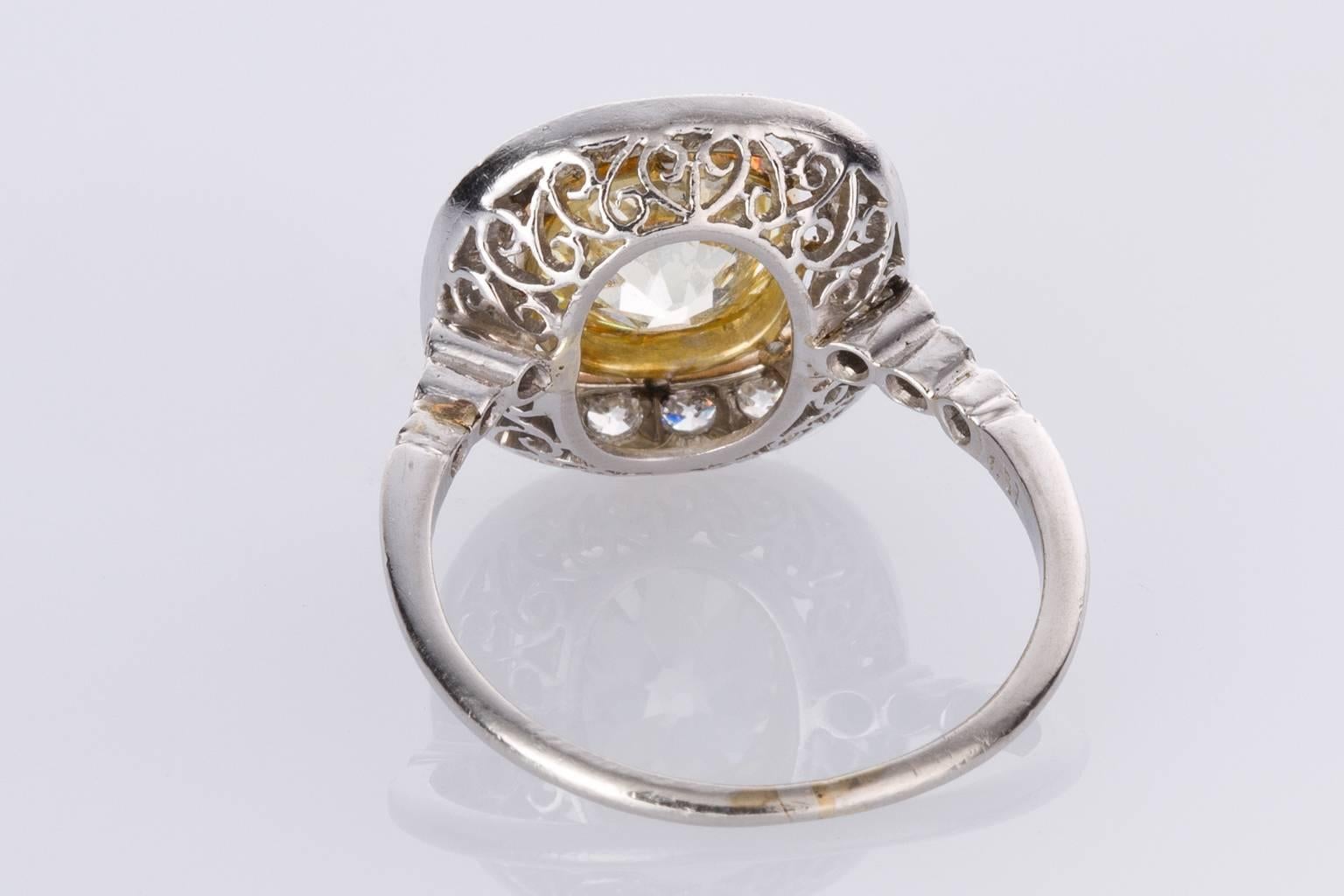 Cushion Cut 1.83 Carat Light Yellow Diamond Platinum Engagement Ring For Sale