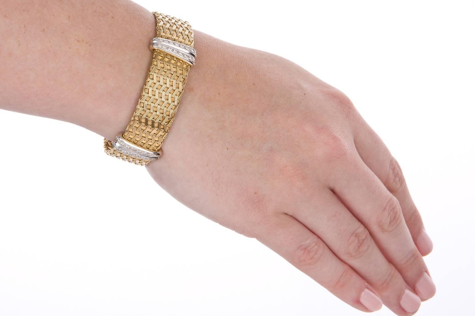 18 Karat Yellow Gold & Diamond German Crafted Woven Flexible Bracelet 1