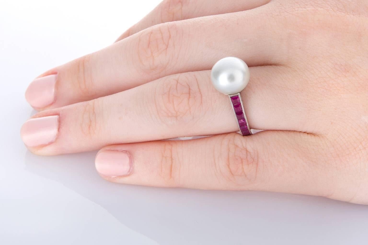 Australian South Sea Pearl and Ruby Platinum Never Ending Ring For Sale 2