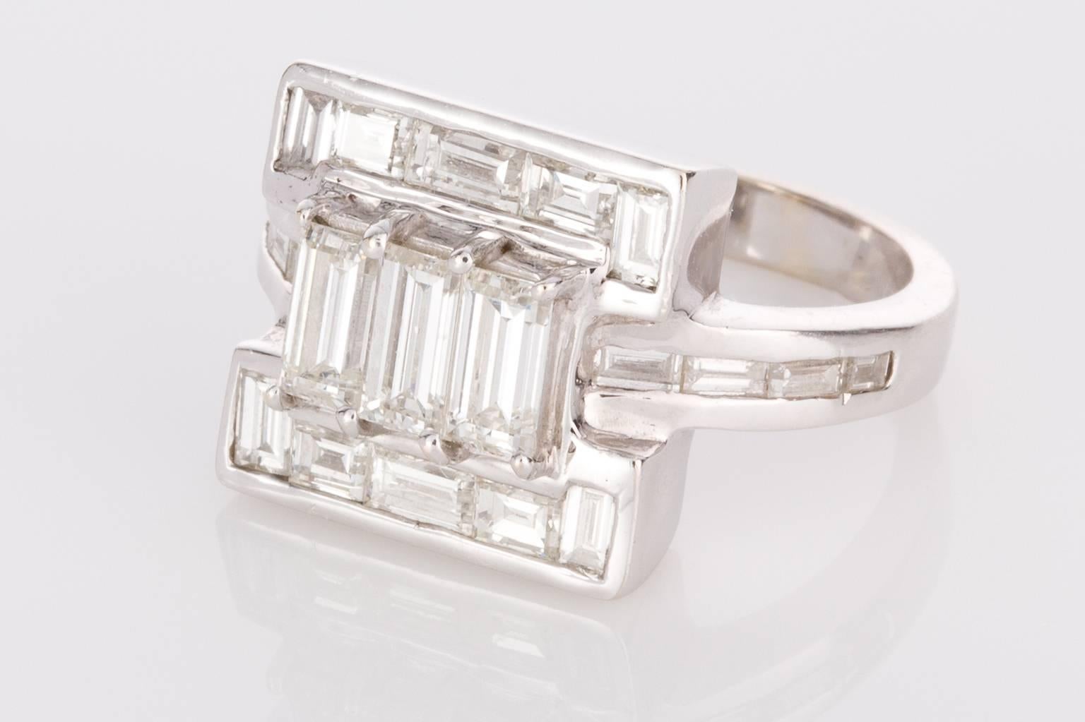 Baguette Cut Diamond White Gold Dress Ring For Sale 2