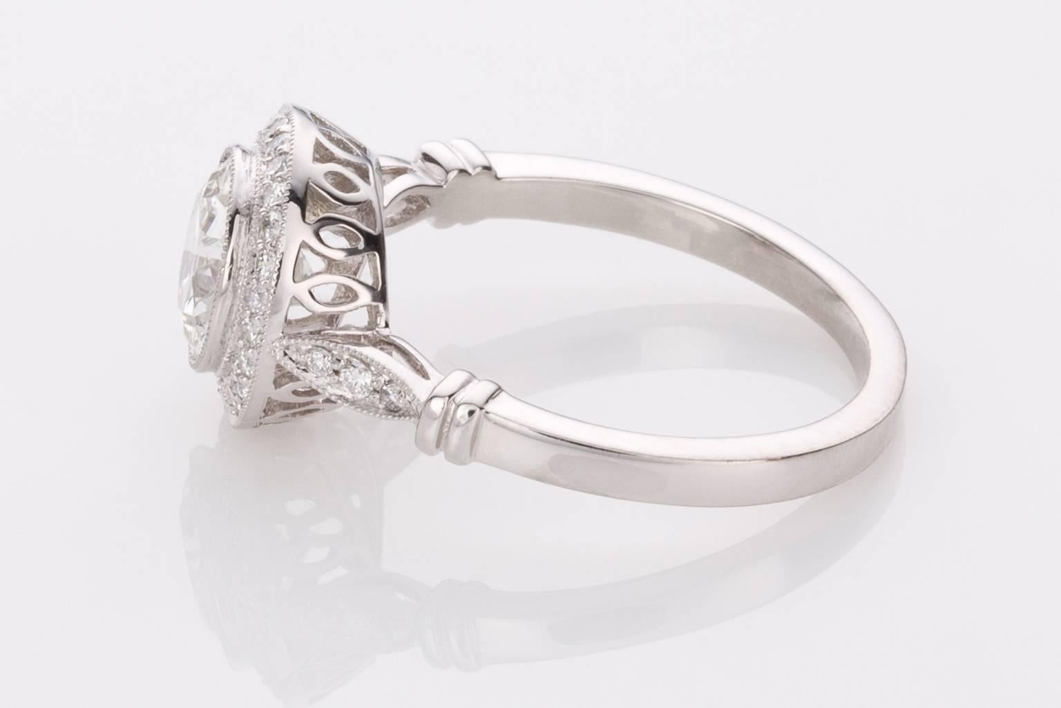 Art Deco 1.22 Carat Old European Cut Diamond Halo Platinum Engagement Ring For Sale
