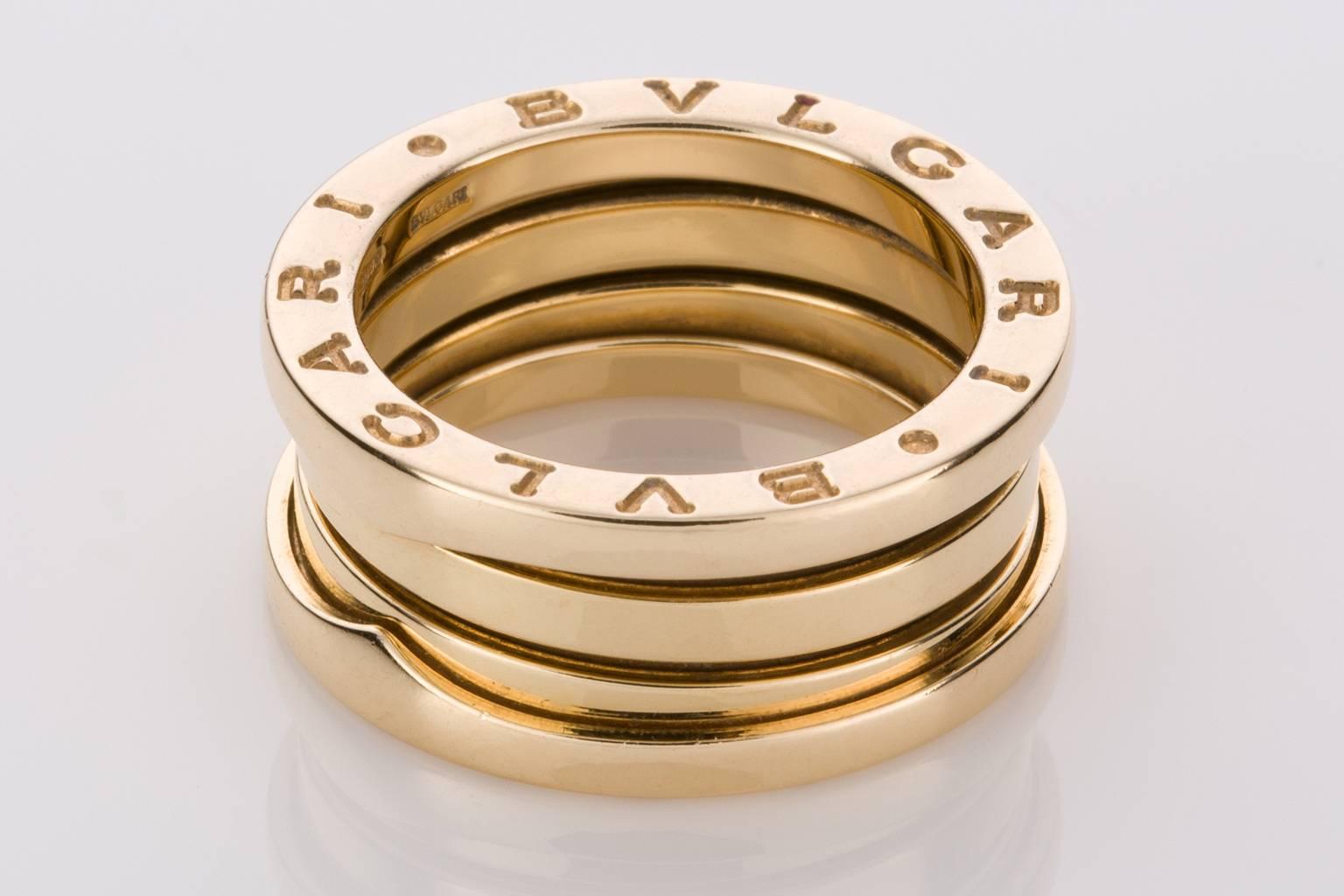 Beautiful Bulgari, this statement ring from the B Zero collection with 3 bands is a classic design. Made with a slight spring movement between the bands it is wonderfully comfortable to wear and sits nicely on the finger. Simple and elegant but also