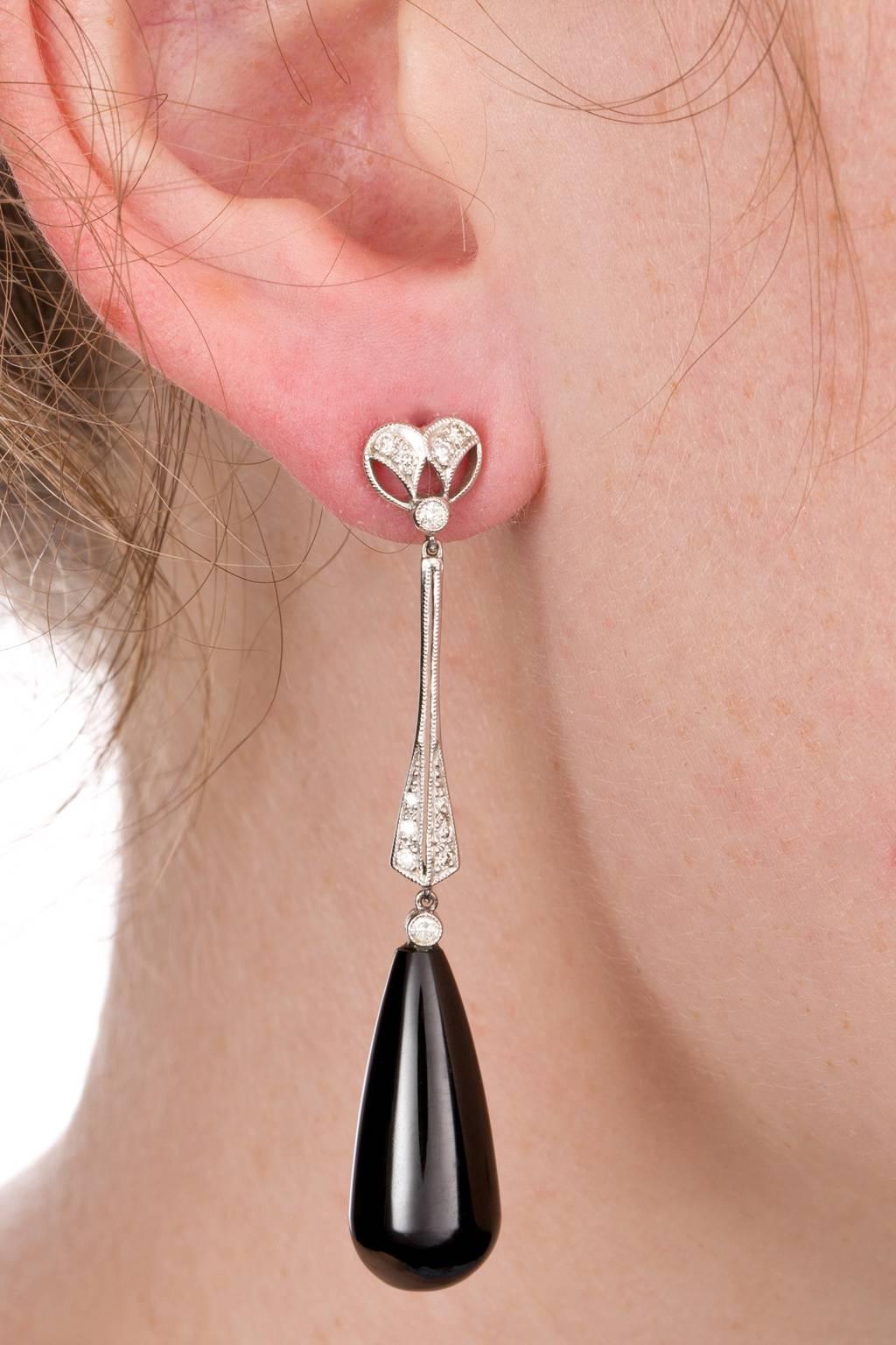 Women's Black Onyx and Diamond 18 Karat White Gold Drop Earrings