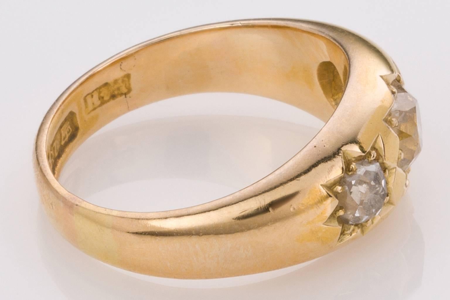 Victorian Circa 1890 Antique Diamond Three-Stone Yellow Gold Engagement Ring