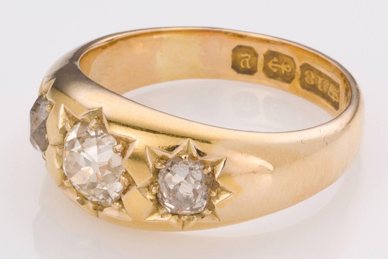 Circa 1890 Antique Diamond Three-Stone Yellow Gold Engagement Ring 1