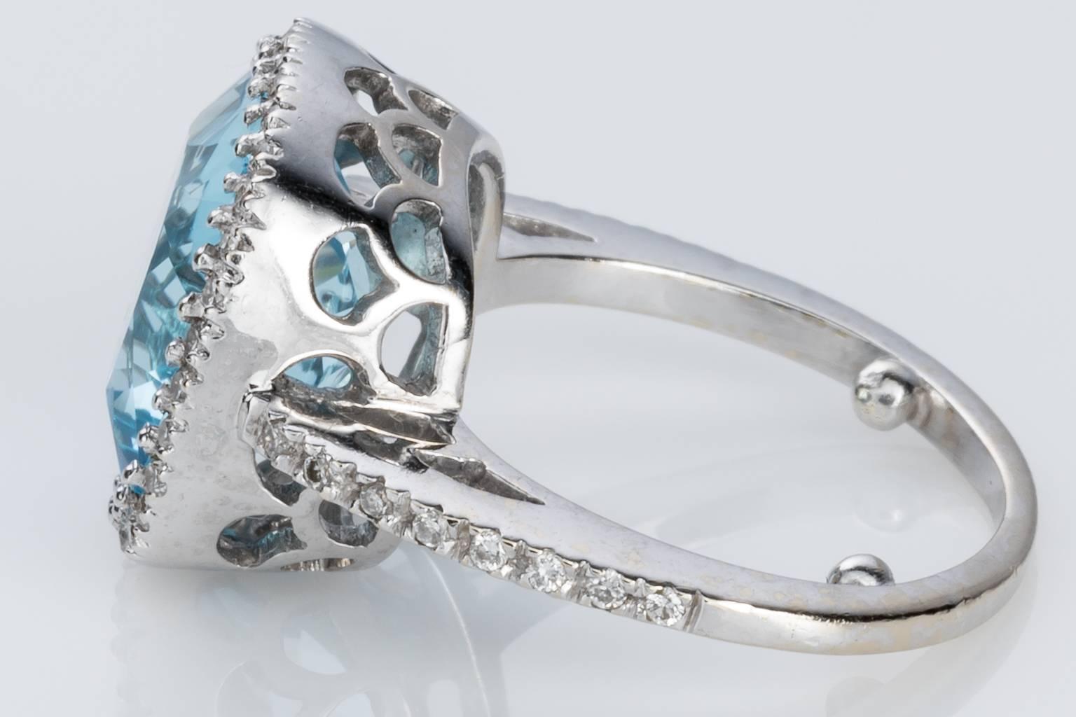 Blue Topaz and Diamond 18 carat White Gold Halo Style Dress Ring In Excellent Condition In QLD , AU