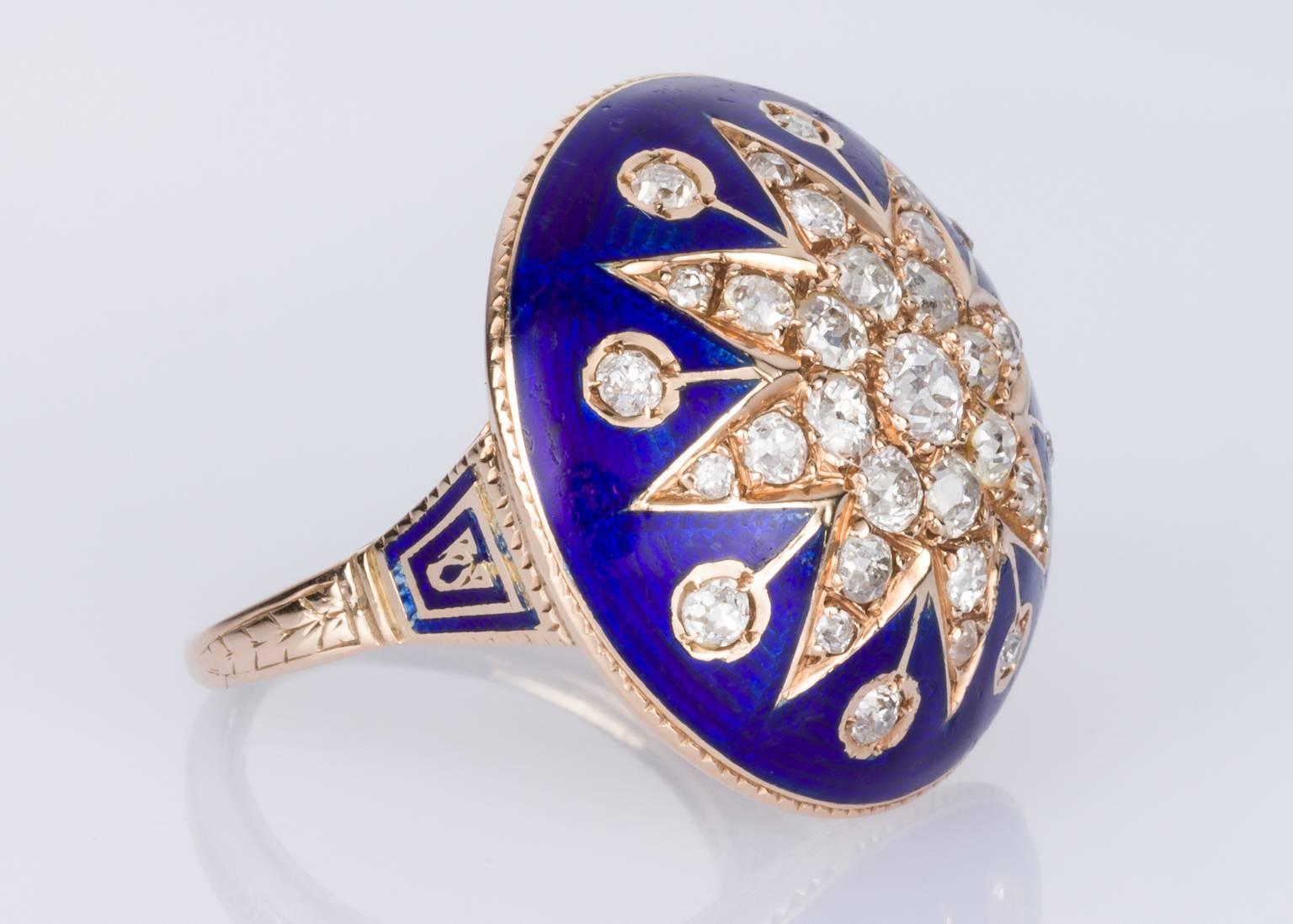 Victorian Blue Enamel Diamond Cocktail Ring In Good Condition In QLD , AU
