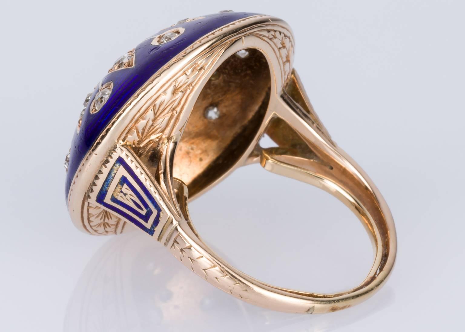 Victorian Blue Enamel Diamond Cocktail Ring 2