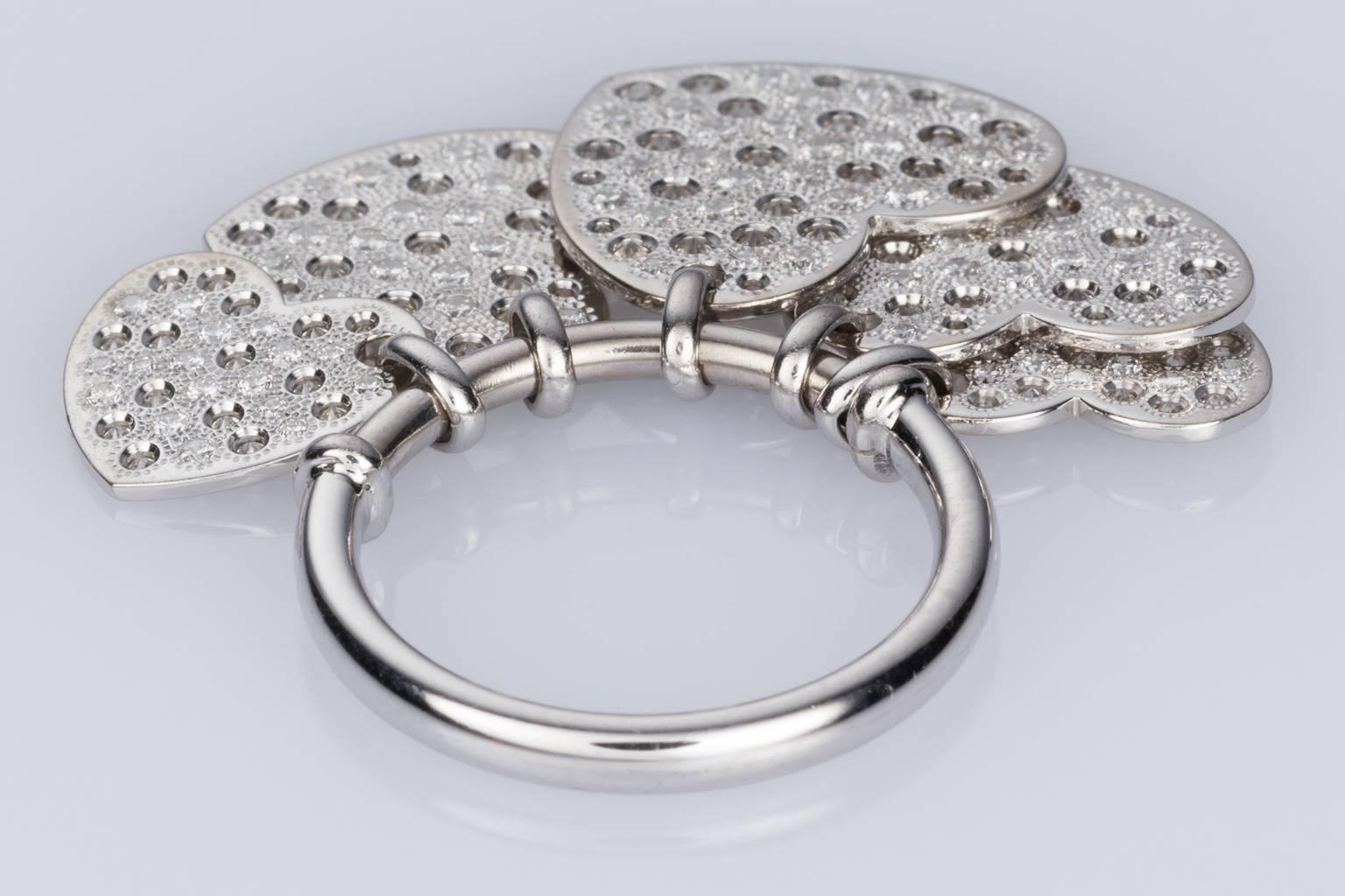 Contemporary Dior 18 Karat White Gold Diamond Hearts Dangle Ring