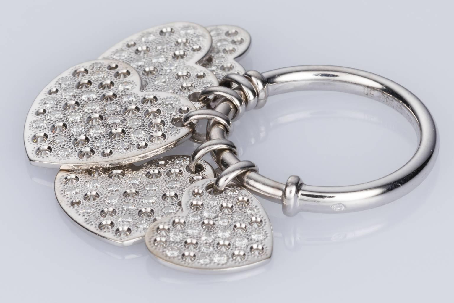 Dior 18 Karat White Gold Diamond Hearts Dangle Ring In Excellent Condition In QLD , AU