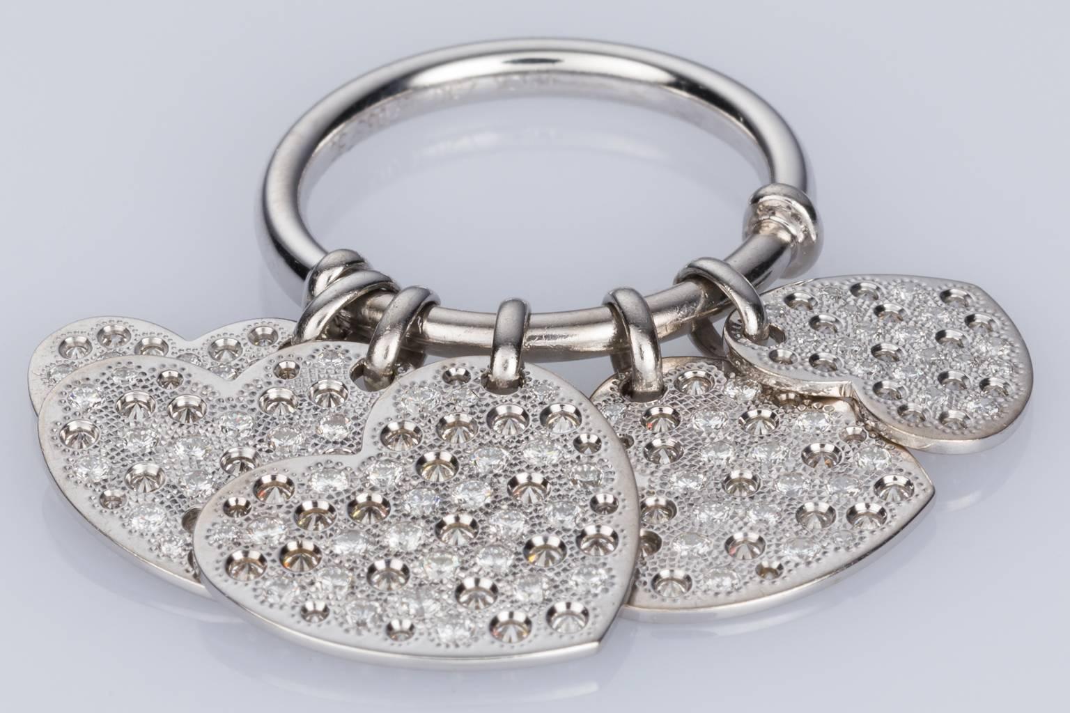 Women's Dior 18 Karat White Gold Diamond Hearts Dangle Ring