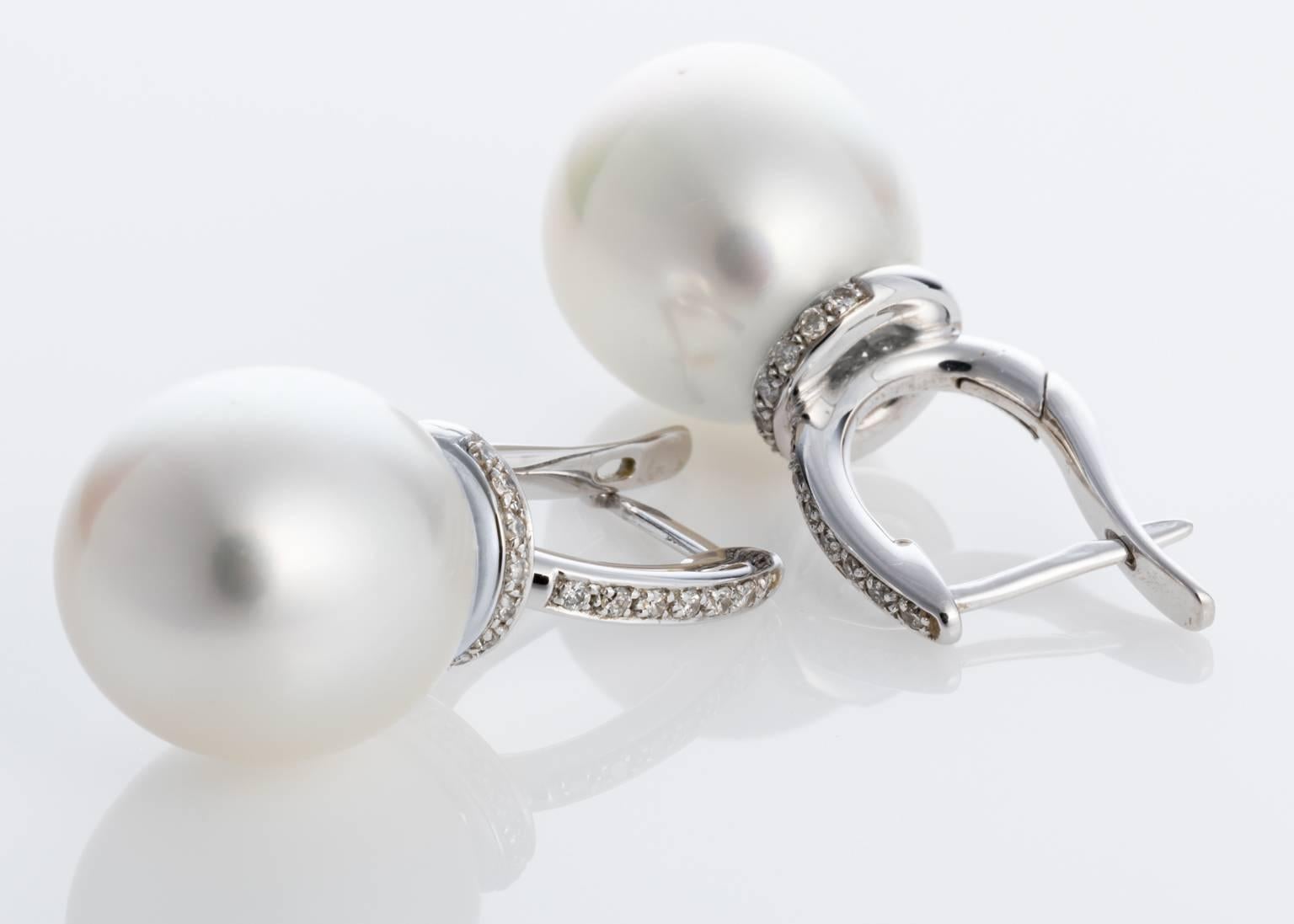 Round Cut South Sea Pearl and Diamond Drop 18 karat White Gold Earrings