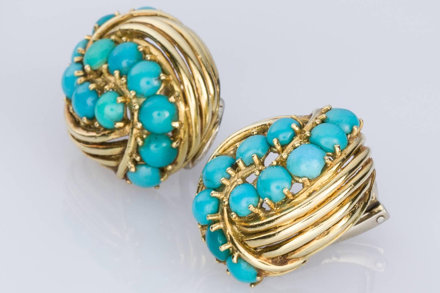 Tiffany & Co. Turquoise 18 Karat Yellow Gold Earclips In Excellent Condition In QLD , AU