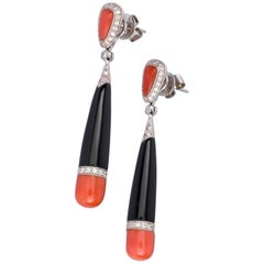 Onyx Diamond and Coral 18 Karat White Gold Day or Night Earrings
