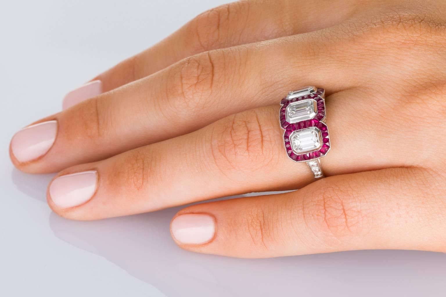 1.95 Carat Emerald Cut Diamond and Ruby Platinum Engagement Ring 2