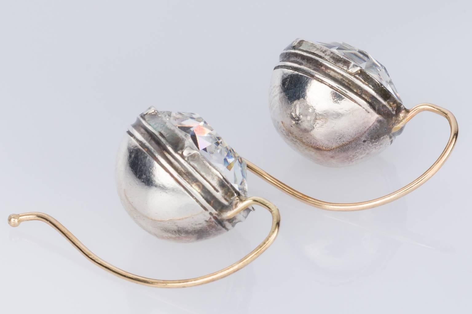 Old European Cut Paste Crystal, Sterling Silver and 14 Karat Yellow Gold Drop Earrings For Sale
