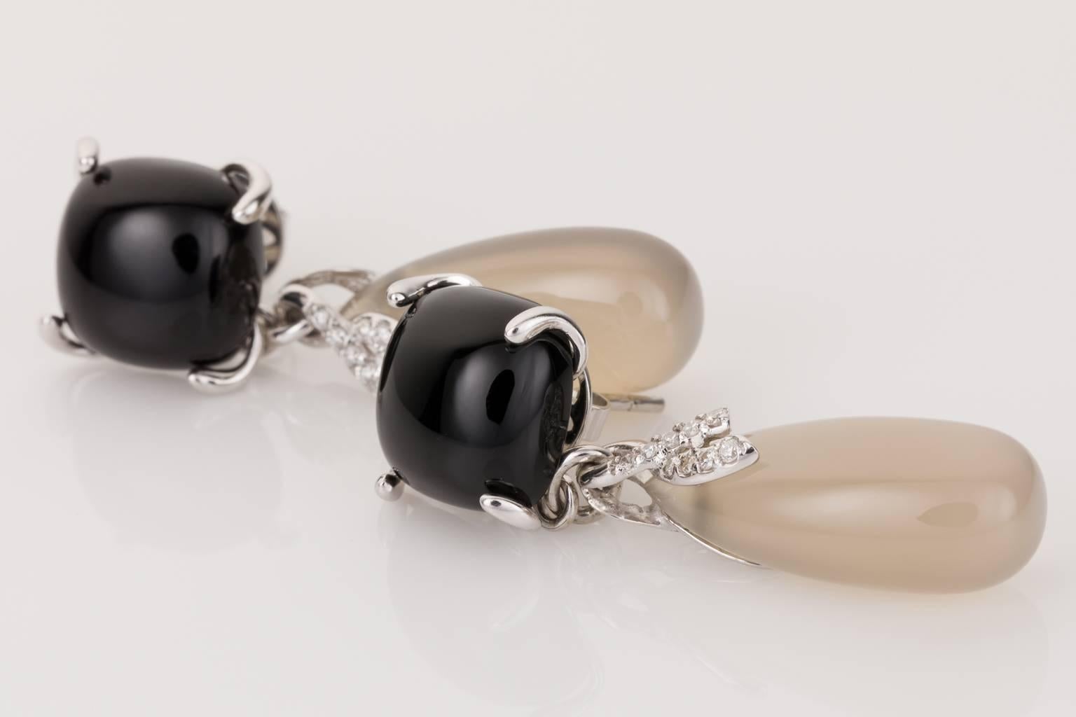 Women's Black Onyx, Chalcedony and Diamond 18 Karat White Gold Drop Earrings