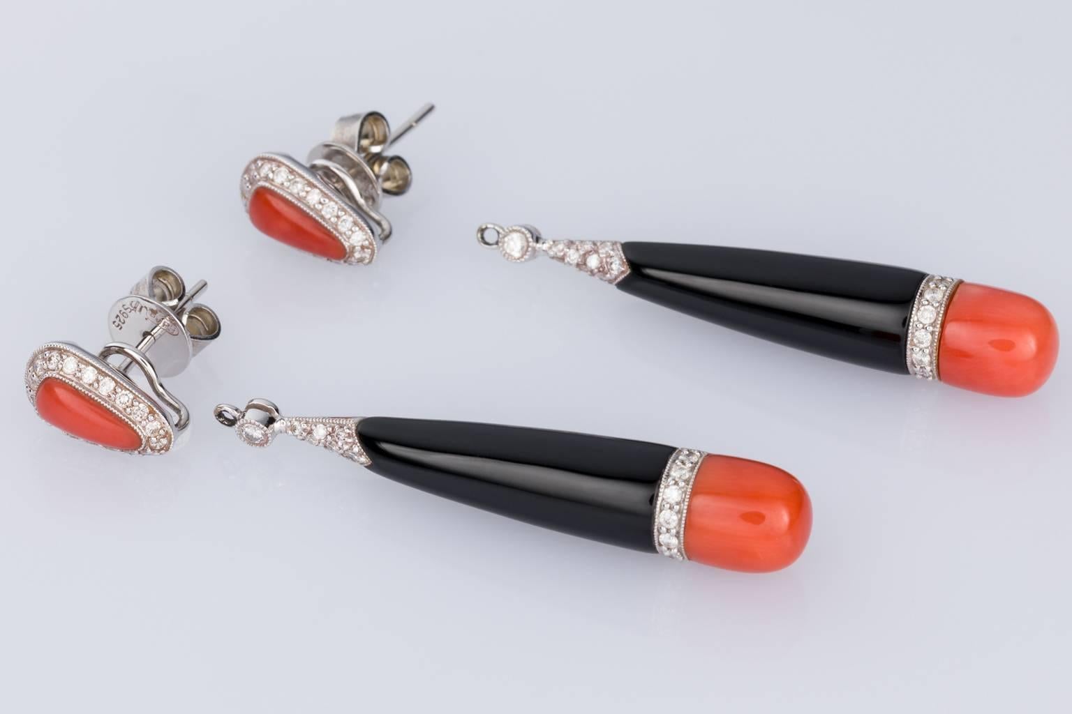 Onyx Diamond Coral 18 Karat White Gold Detachable Drop Dangle Stud Earrings In Excellent Condition In QLD , AU