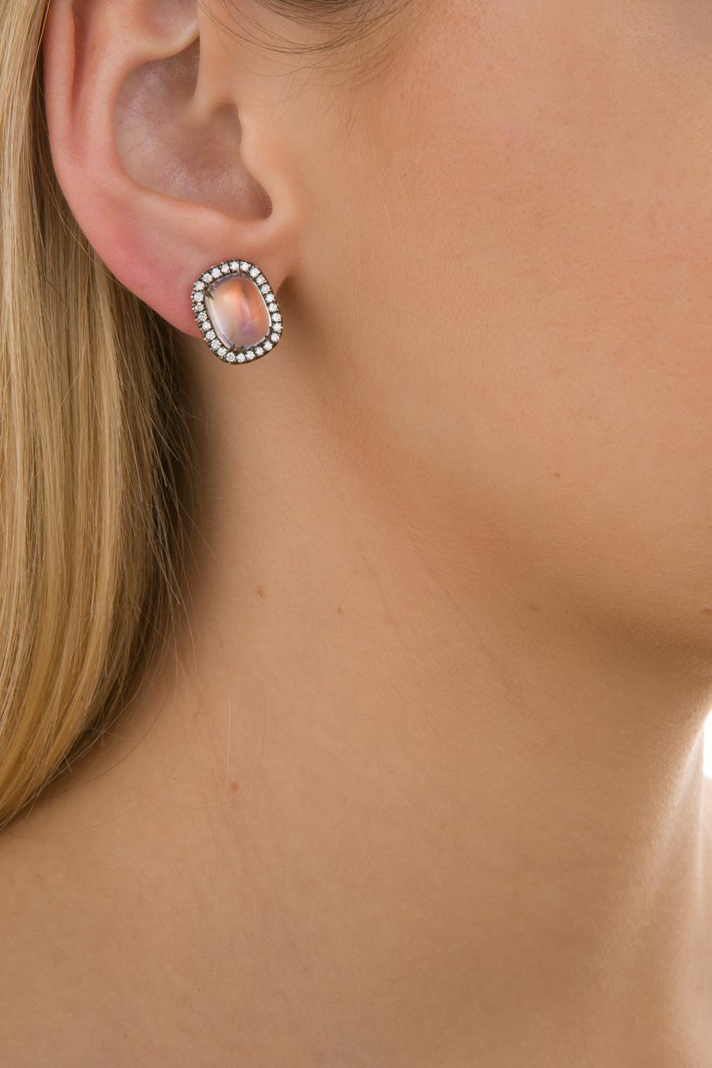 9.56 Carat Rainbow Moonstone & Diamond 18 Karat White Gold Earrings 2