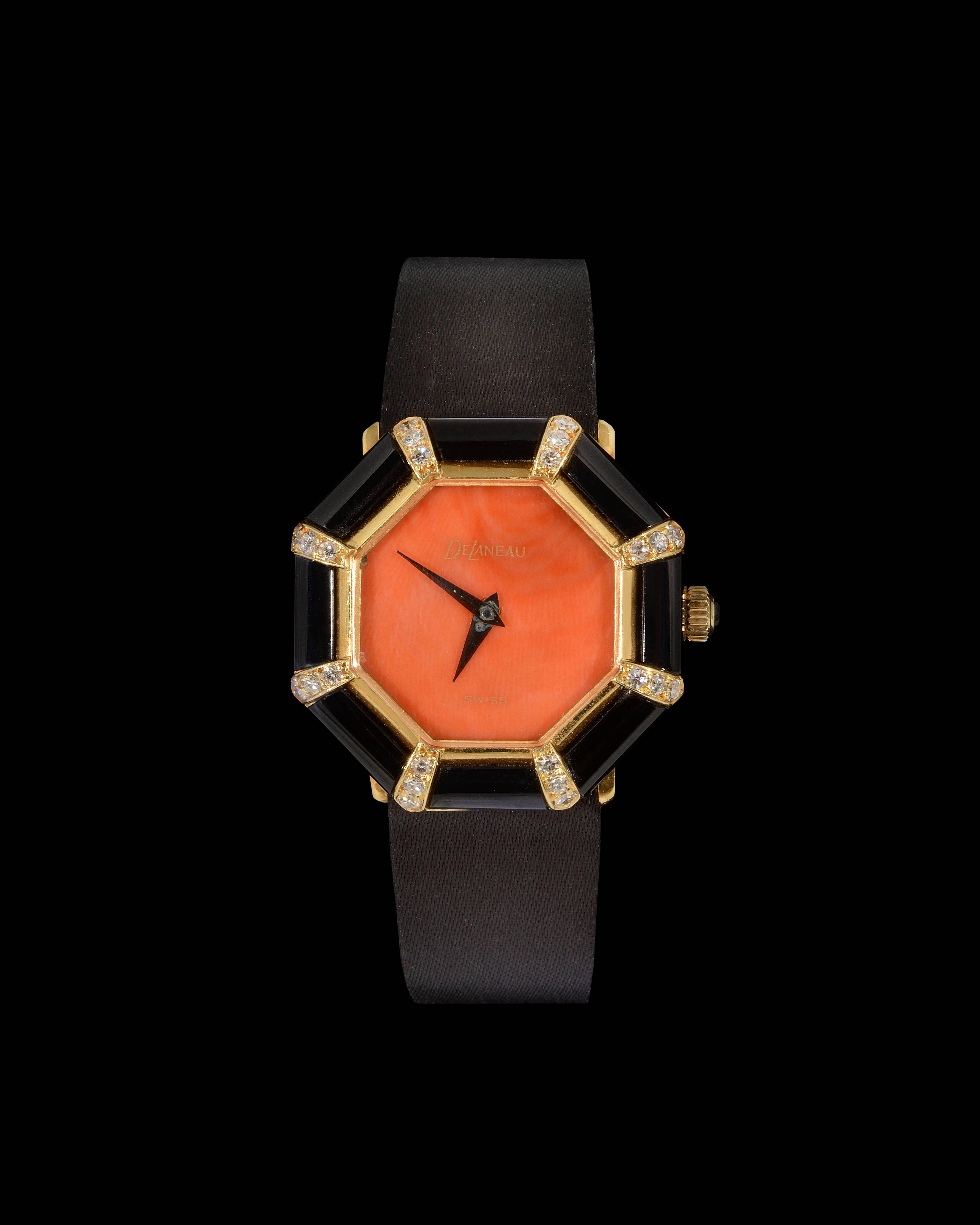 DeLaneau in 18k Yellow Gold, Onyx, Diamonds, Coral Dial and Leather Bracelet. Circa 1980.