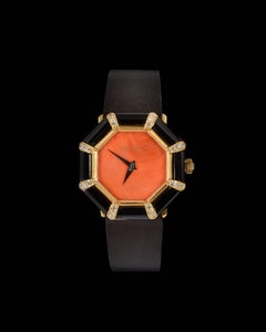 Delaneau in 18 Karat Yellow Gold, Onyx, Diamonds and Coral Dial, circa 1980
